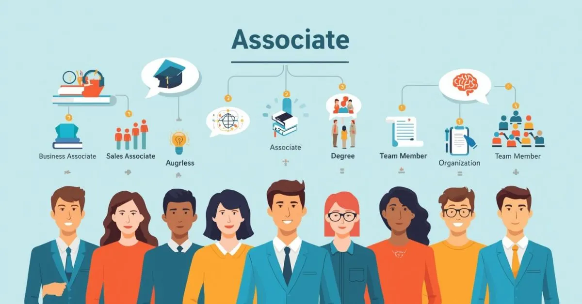 Illustration showing business, education, and psychology meanings of associate