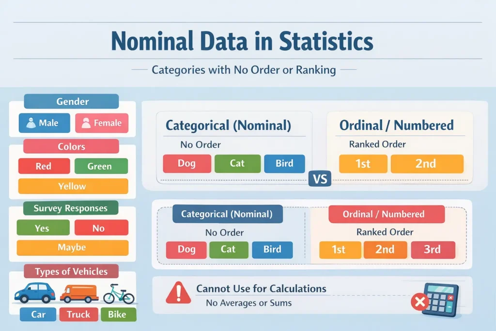 "Infographic showing nominal data in statistics with examples like gender, colors, and vehicle types, highlighting categorical data without ranking


