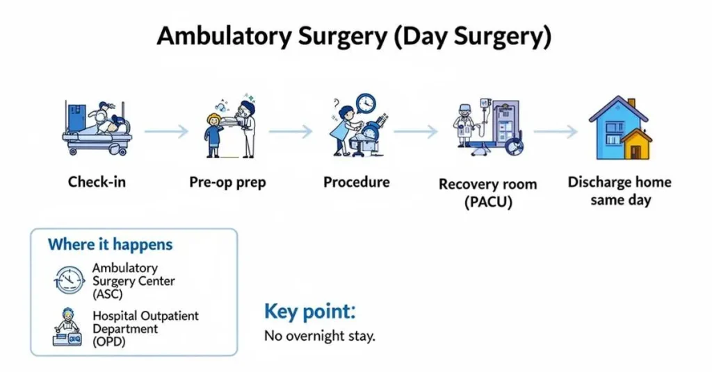 Ambulatory surgery day surgery infographic showing check-in, procedure, recovery, and same-day discharge home.