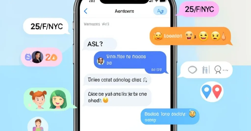 Smartphone chat showing ASL texting slang with age, gender, and location icons.