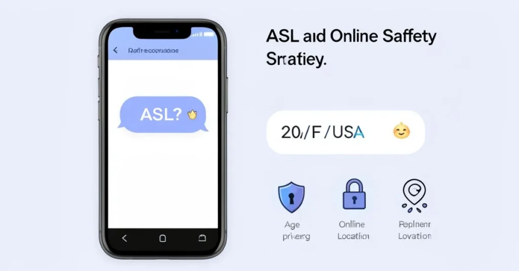 Smartphone chat illustration showing ASL with shield and privacy icons for online safety.