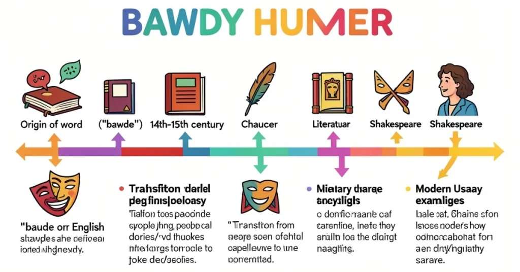 Timeline infographic showing the history and origin of bawdy humor from Middle English to Chaucer, Shakespeare, and modern use