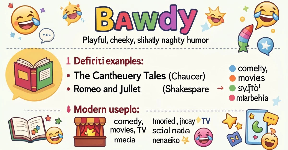 Horizontal Pinterest infographic explaining bawdy humor with examples from literature and modern media