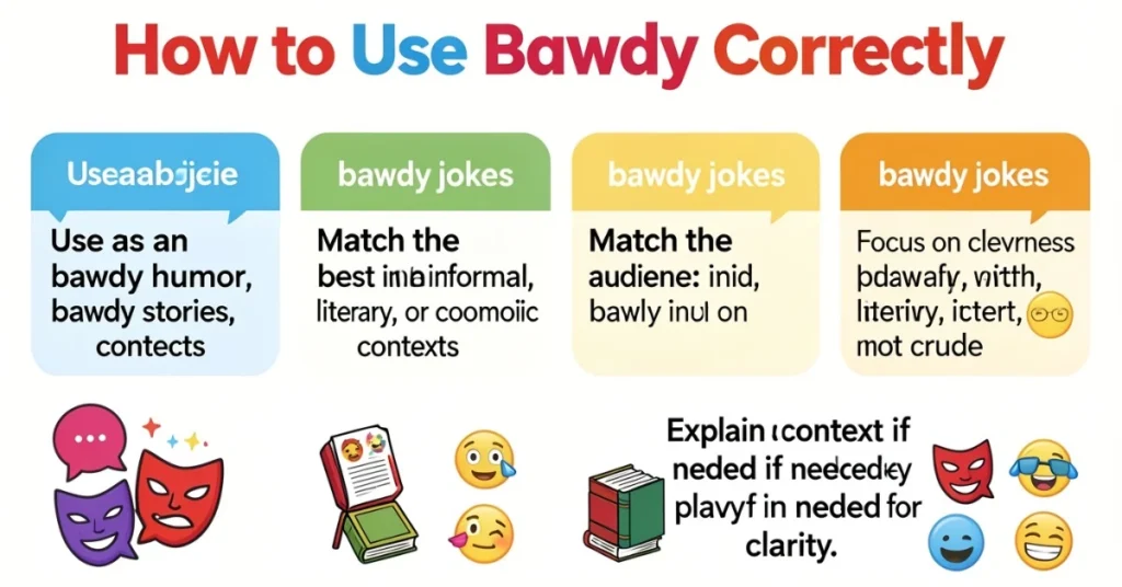 Pinterest infographic showing simple tips on how to use bawdy correctly in humor, literature, and casual conversation