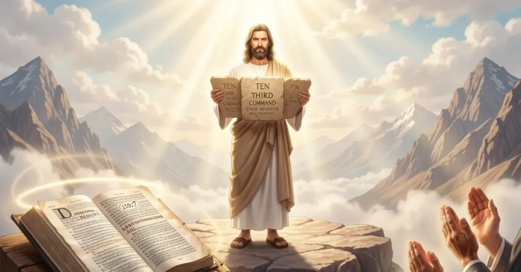 Moses standing on Mount Sinai holding the stone tablets of the Ten Commandments, with divine light shining from the sky, symbolizing God giving the Third Commandment, while an open Bible in the foreground shows Exodus 20:7, surrounded by majestic mountains, clouds, and subtle prayer icons representing reverence, holiness, and religious respect for God’s sacred name.