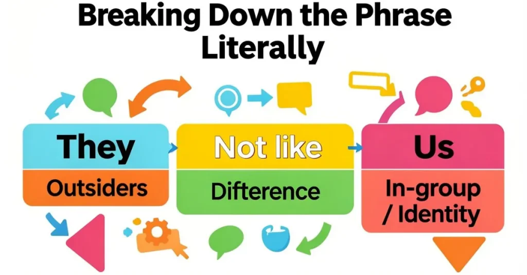 Infographic-style image breaking down the phrase “They Not Like Us” word by word, showing “They” as outsiders, “Not like” as difference or distinction, and “Us” as in-group identity using colorful shapes, arrows, and abstract symbols.