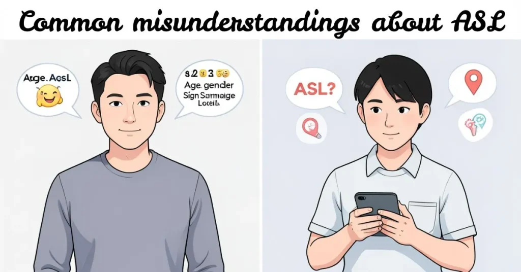 Illustration showing ASL texting meaning vs American Sign Language with age, gender, and location icons.