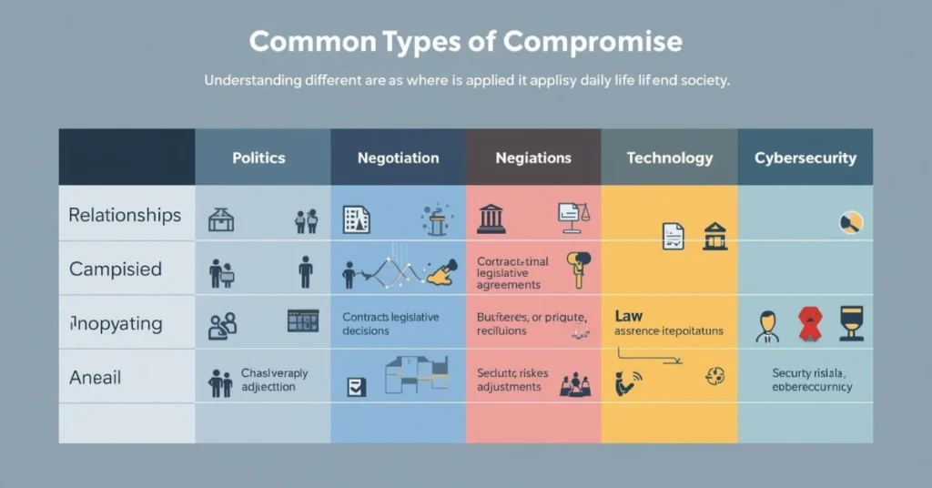 Infographic showing common types of compromise in relationships, politics, business, law, and technology