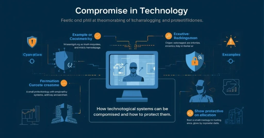 Illustration showing compromise in technology with cybersecurity icons and protective measures