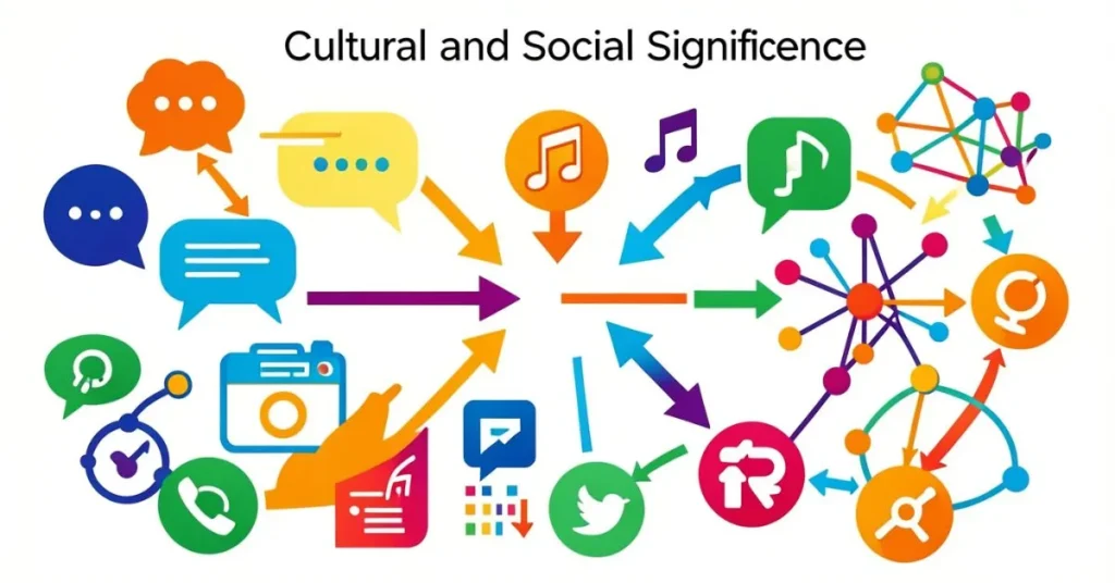 Horizontal abstract banner illustrating the cultural and social significance of “They Not Like Us” with icons for social media, music, community, connection lines, and geometric patterns symbolizing identity, belonging, and pop culture influence.
