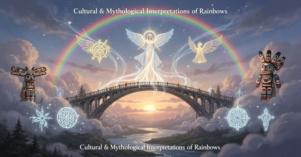 Rainbow connecting Earth to mythological and cultural symbols