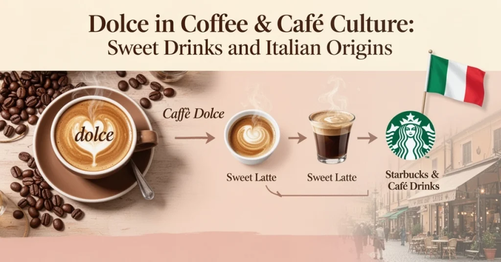 Horizontal infographic showing Dolce in coffee, latte, café drinks, and Italian café culture