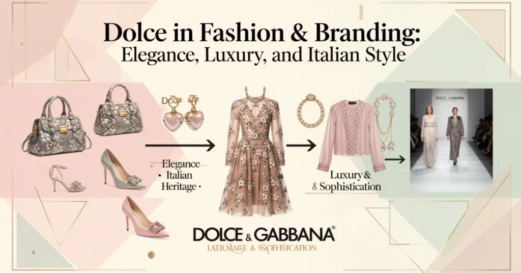 Horizontal infographic showing Dolce in fashion, elegance, accessories, and luxury branding
