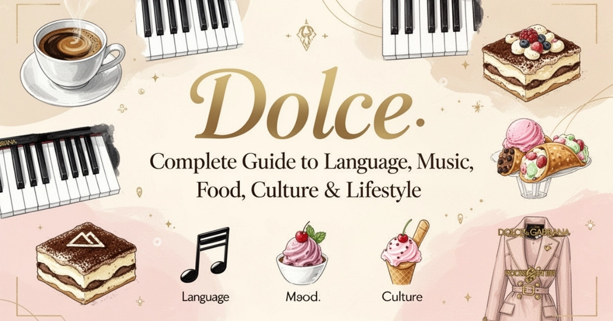 Infographic showing the meaning of Dolce in language, music, food, fashion, and lifestyle