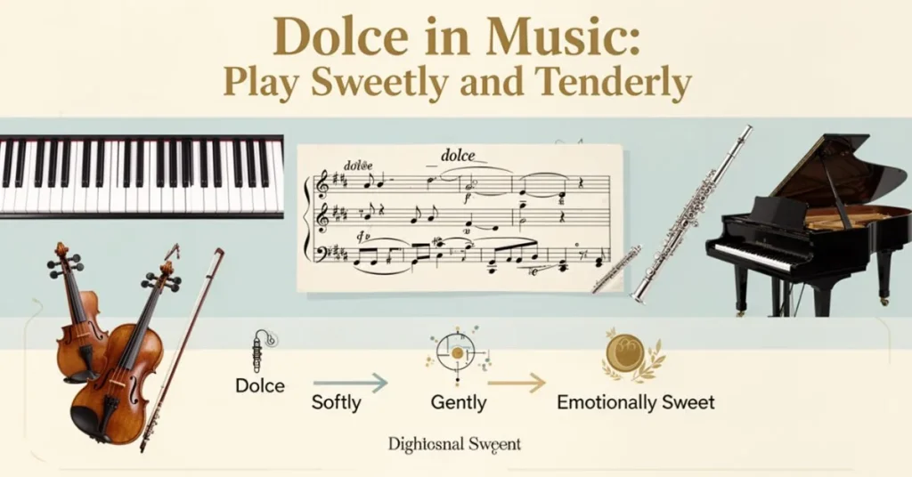 Horizontal infographic showing Dolce in music with piano, sheet music, and orchestral icons