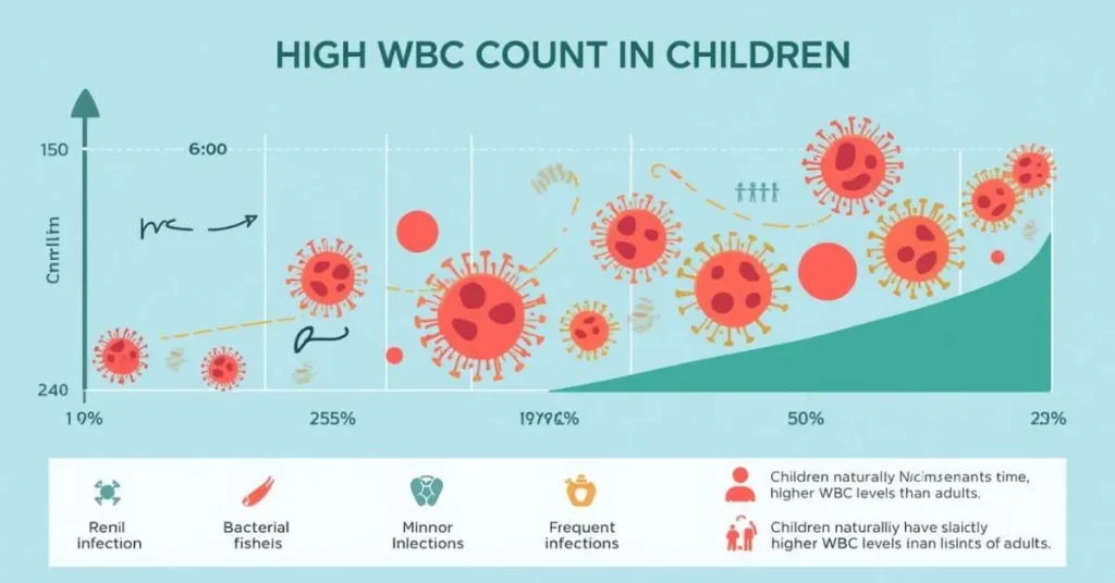 Infographic showing high white blood cell count in children with causes and symptoms icons