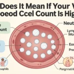 Horizontal infographic showing a human blood sample with highlighted white blood cells (WBCs), labeled types (Neutrophils, Lymphocytes, Monocytes, Eosinophils, Basophils), and icons representing causes like infection, stress, inflammation, pregnancy, and blood disorders. Includes H1 overlay: 'What Does It Mean If Your White Blood Cell Count Is High?'