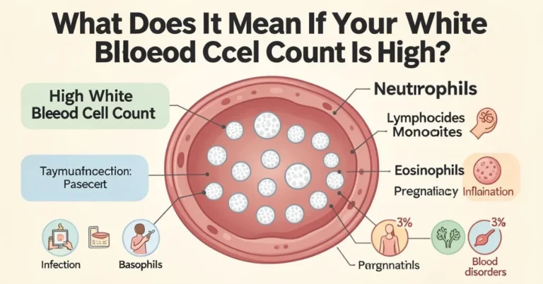 Horizontal infographic showing a human blood sample with highlighted white blood cells (WBCs), labeled types (Neutrophils, Lymphocytes, Monocytes, Eosinophils, Basophils), and icons representing causes like infection, stress, inflammation, pregnancy, and blood disorders. Includes H1 overlay: 'What Does It Mean If Your White Blood Cell Count Is High?'