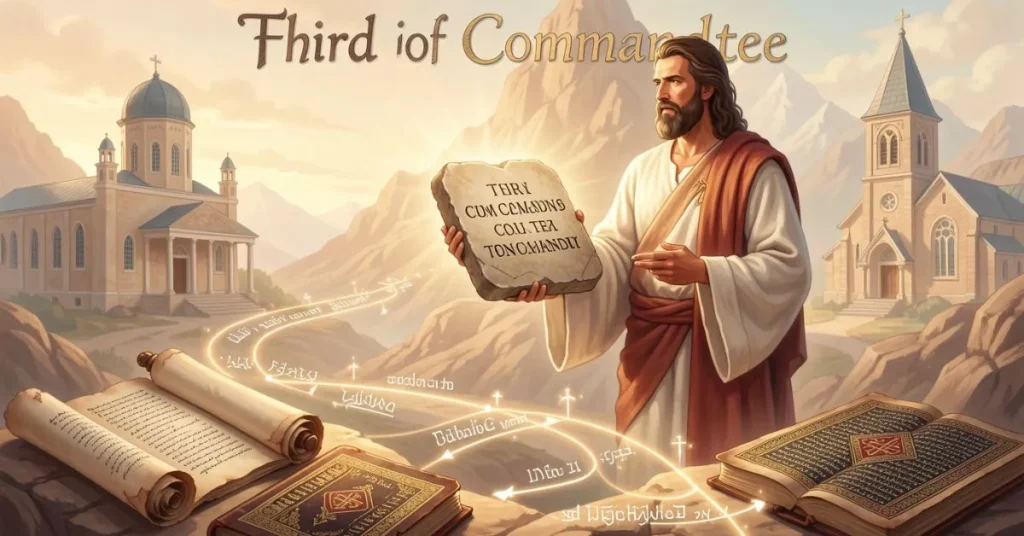 Moses holding stone tablets of the Ten Commandments on Mount Sinai, surrounded by ancient scrolls and manuscripts, with subtle symbols of Judaism and Christianity, illustrating the historical and cultural significance of the Third Commandment and its influence from biblical times to modern faith practices.