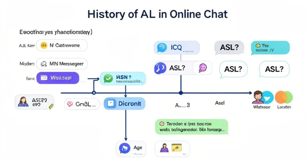 Timeline illustration showing the evolution of ASL in online chat from 1990s to modern messaging apps.