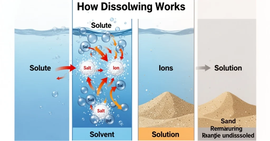 Infographic showing water molecules surrounding salt ions to explain how dissolving works