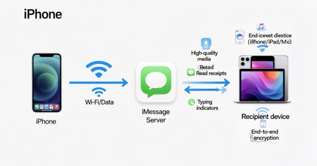 Flowchart showing how IMSG works from sender iPhone to recipient devices with key iMessage features