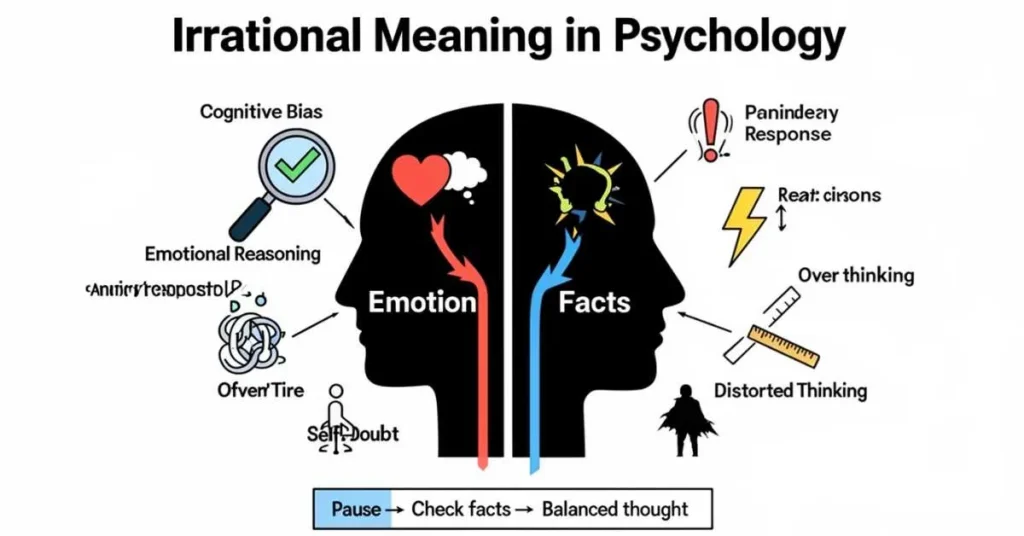 Irrational meaning in psychology infographic showing cognitive bias, emotional reasoning, stress and anxiety effects.
