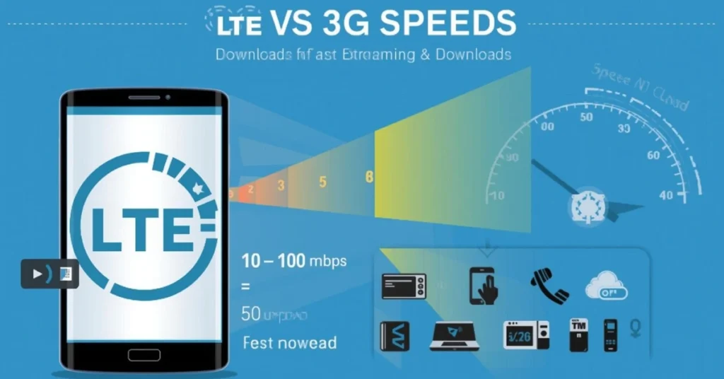 Smartphone with LTE symbol and speed bars showing fast download and upload rates compared to 3G