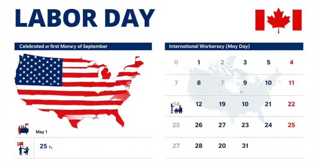 Labor Day celebrated first Monday of September in US & Canada; May Day worldwide with parades and celebrations.