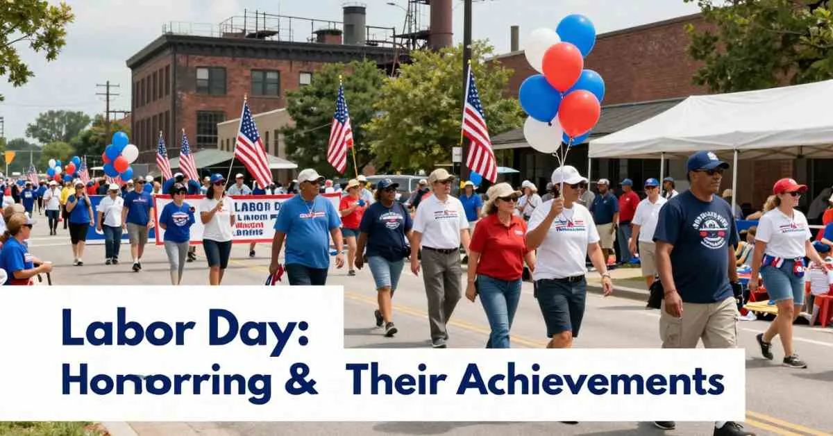 Labor Day parade with workers, banners, and families celebrating achievements