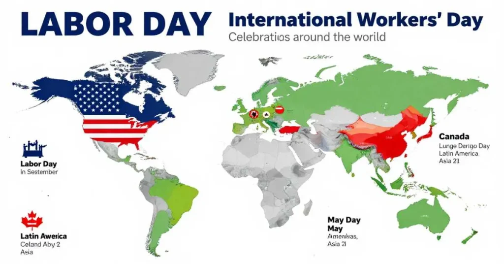 Labor Day and International Workers’ Day celebrations around the world with map, dates, and icons