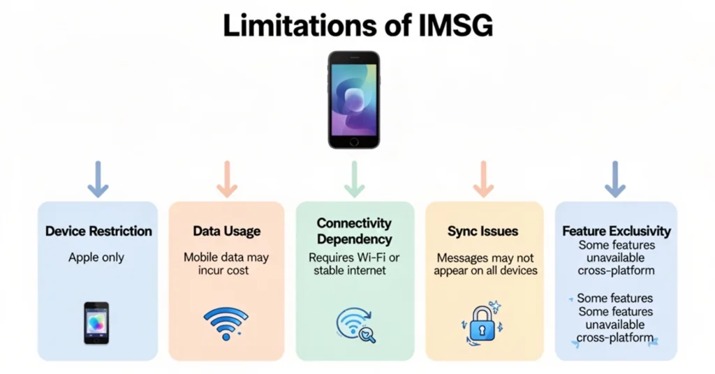 Horizontal infographic showing main limitations of IMSG with icons for device restriction, data usage, connectivity, and syncing