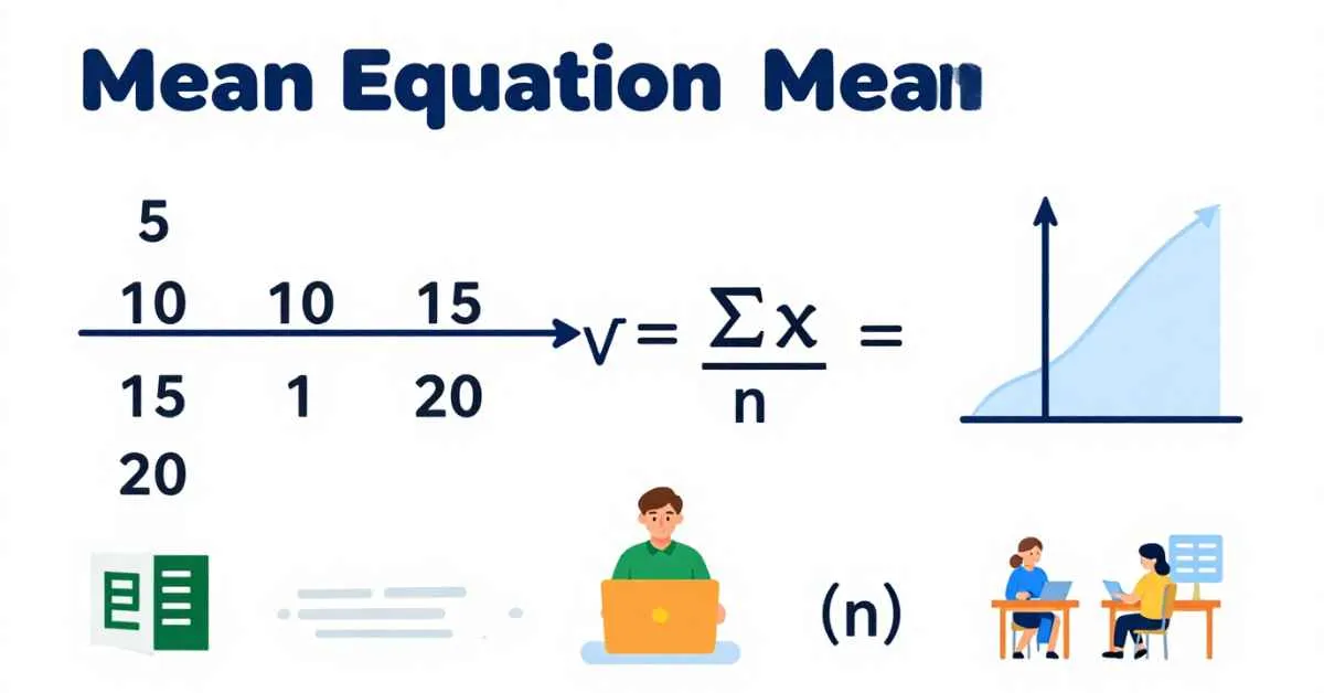 Visual guide showing mean equation calculation with dataset, formula x̄ = ∑x ÷ n, and real-life examples
