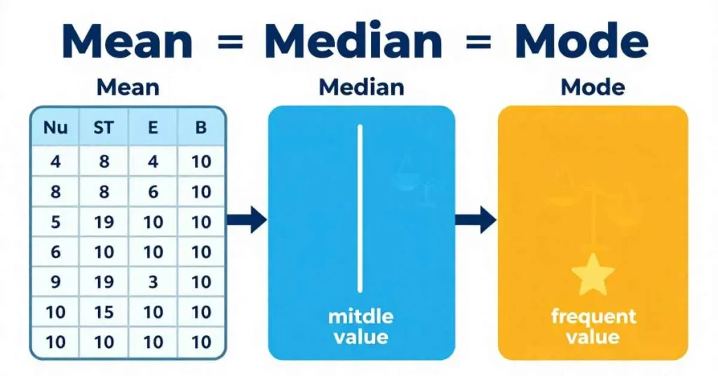 Image showing Mean, Median, and Mode comparison with example numbers