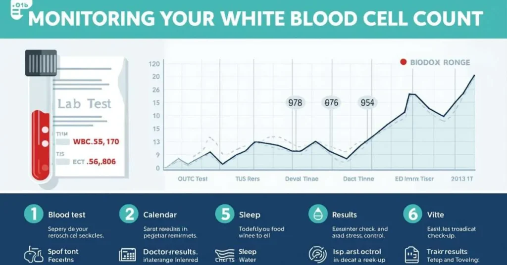 Infographic showing how to monitor white blood cell count with lab tests, charts, and healthy lifestyle tracking