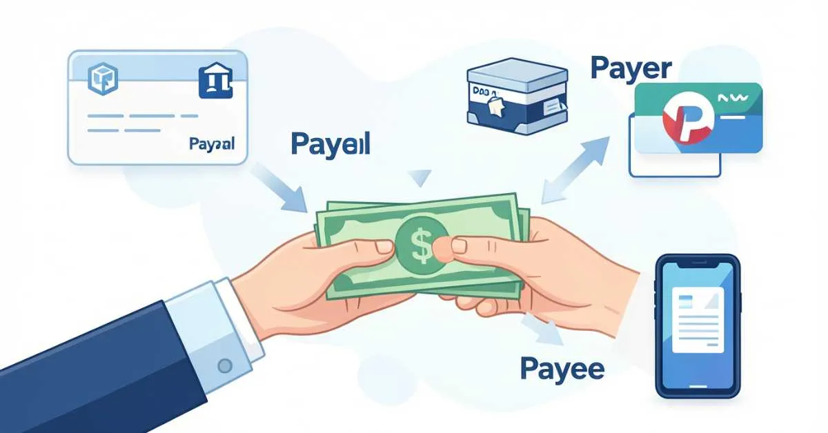 Payer giving money to payee with banking icons