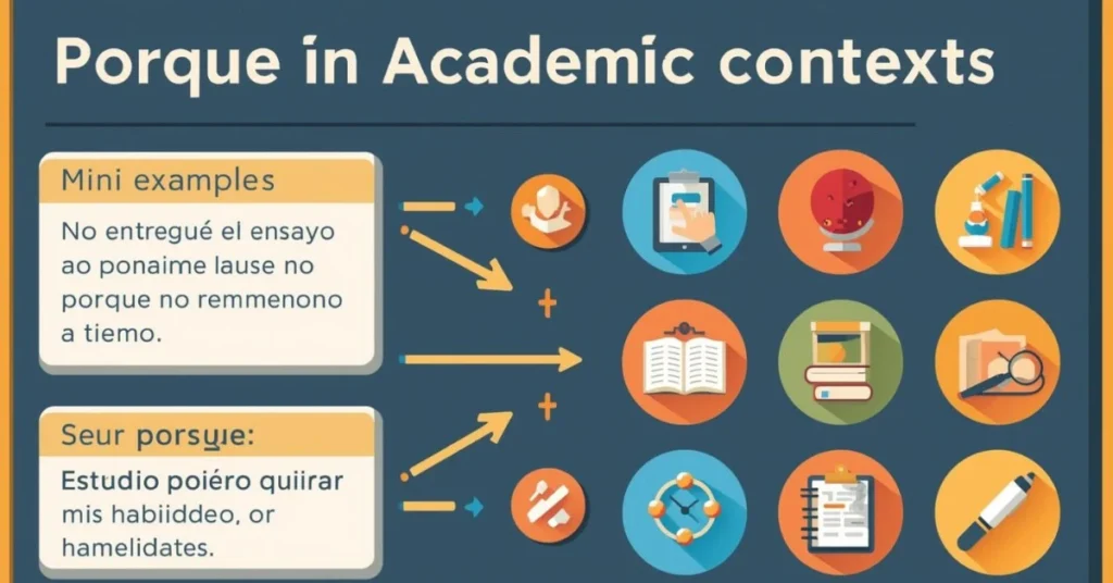 Educational image showing how “porque” is used in academic sentences with examples and translations