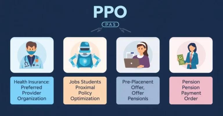 Infographic showing all PPO meanings: insurance, AI, job offers, and pensions