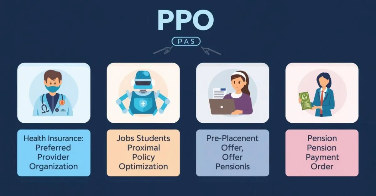 Infographic showing all PPO meanings: insurance, AI, job offers, and pensions