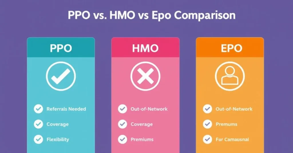 Infographic comparing PPO, HMO, and EPO health insurance plans and their features