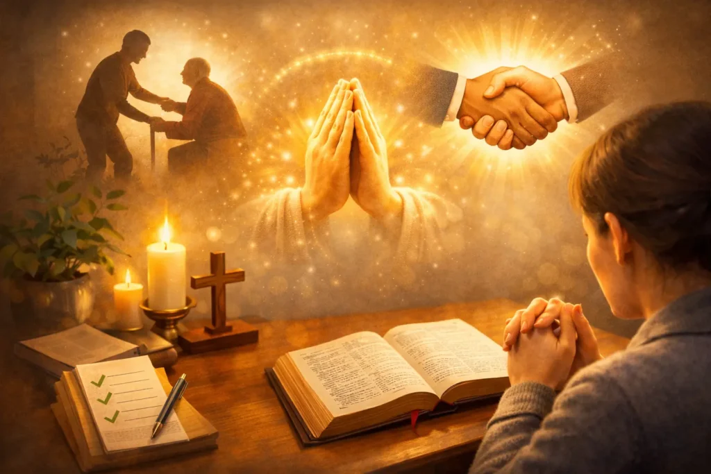Person praying and reading the Bible at a home altar, with visual symbols of daily ethical actions like helping others and keeping promises, surrounded by prayer hands and halo glow, illustrating practical tips for honoring God’s name every day and demonstrating spiritual discipline, reverence, and integrity in modern life.
