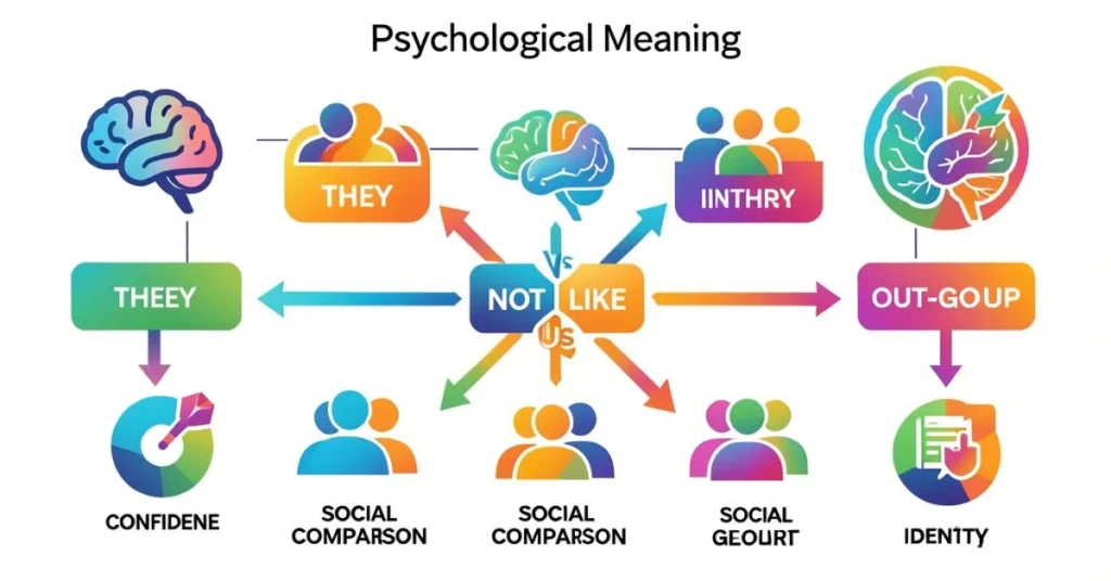 Infographic-style horizontal image representing the psychology behind “They Not Like Us” using brain icons, thought bubbles, arrows, and connection lines to explain in-group vs out-group, social comparison, confidence, and identity with abstract shapes and modern colors.
