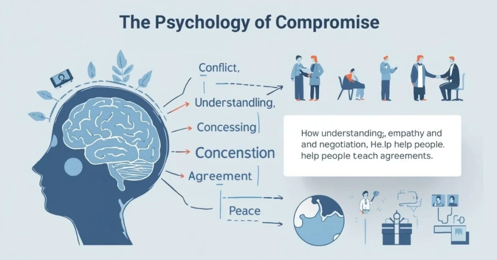 Diagram showing the psychological process of compromise from conflict to agreement and peace