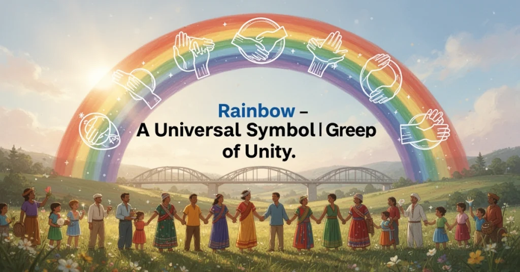 Rainbow over diverse people symbolizing unity and harmony”