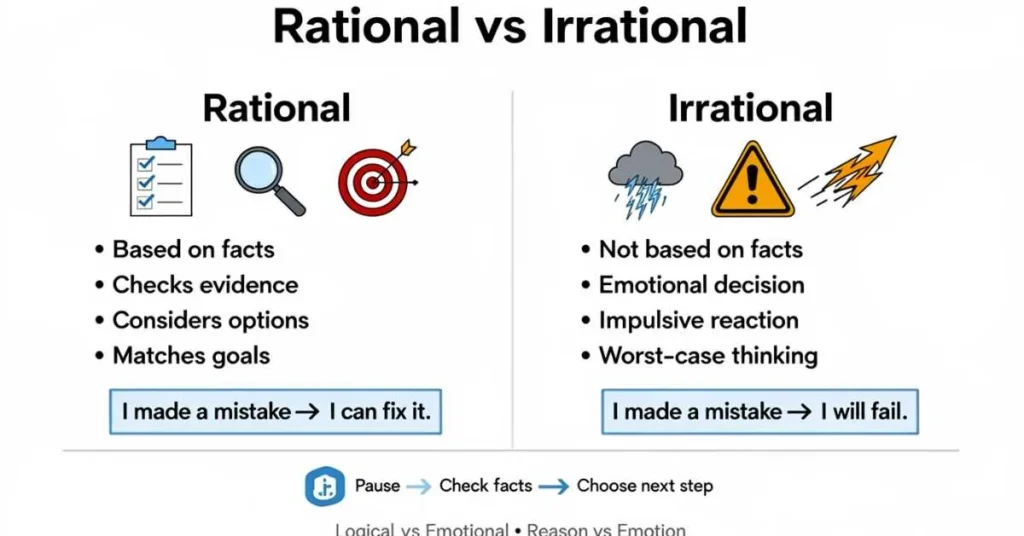 Rational vs irrational infographic showing facts-based thinking vs emotional reactions with simple examples and steps.