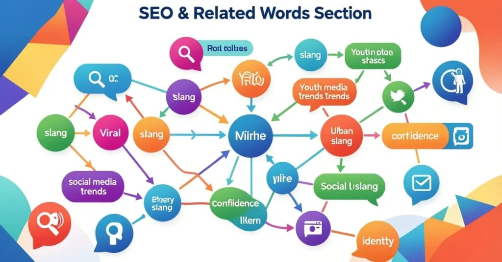 Horizontal infographic showing SEO and related keywords for “They Not Like Us,” including primary, secondary, and long-tail keywords like slang, viral phrases, social media slang, youth slang, pop culture phrases, and group identity, using nodes, connection lines, and colorful abstract shapes for clarity.