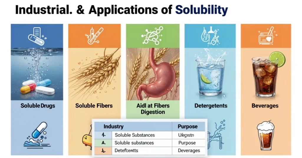 Infographic showing soluble applications in medicine, food, and industry