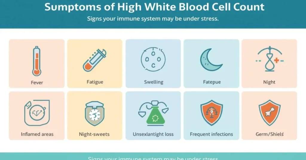 Infographic showing symptoms of high white blood cell count with labeled medical icons