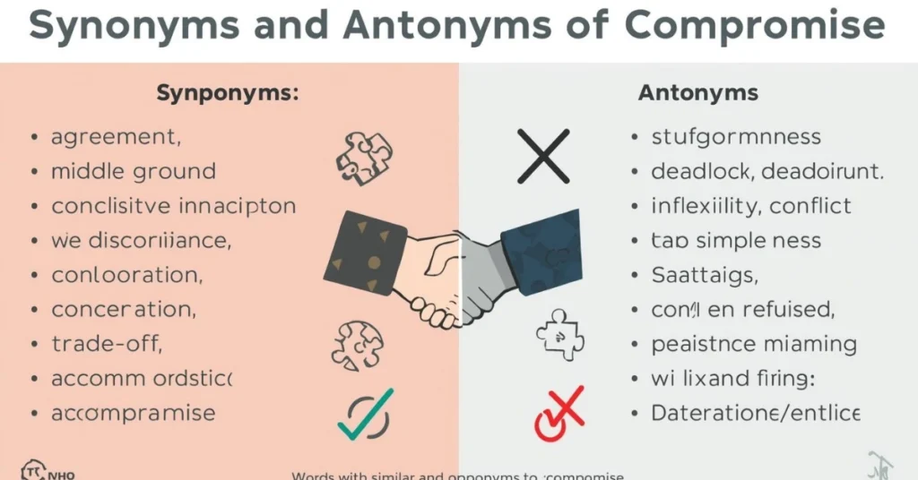 Infographic showing synonyms and antonyms of compromise with icons representing agreement and conflict