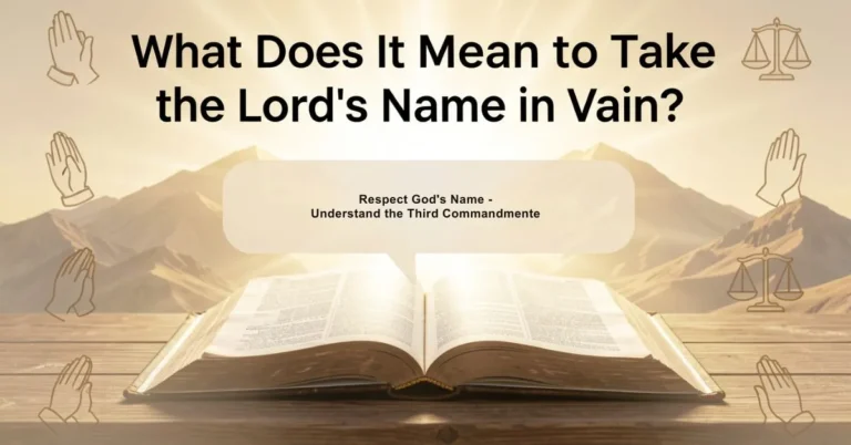 Open Bible on a wooden table with glowing light in the background representing Mount Sinai, highlighting the Third Commandment about taking the Lord's name in vain, surrounded by subtle prayer hands and worship icons symbolizing reverence, integrity, and ethical living in daily faith practices.